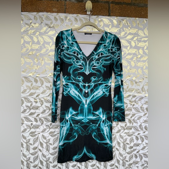 La Pateau Cyber Core Smoke Print V-Neck Mini Dress | Teal & Black size small - Picture 6 of 9